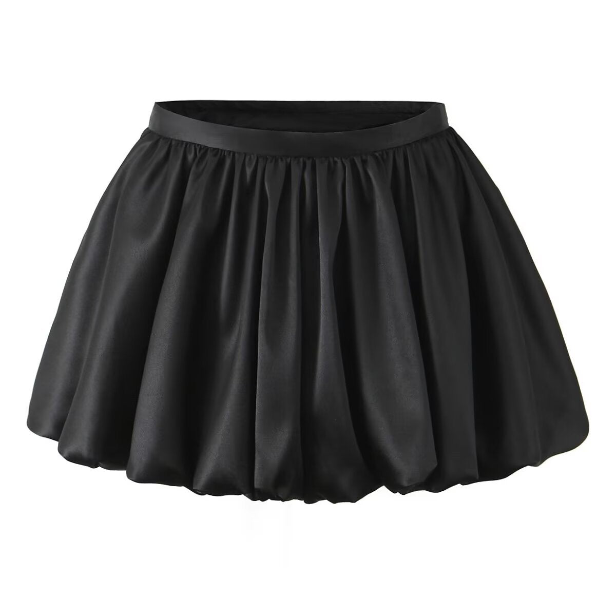 Romy | Satin Mini Skirt Black Balloon Hem Pleated