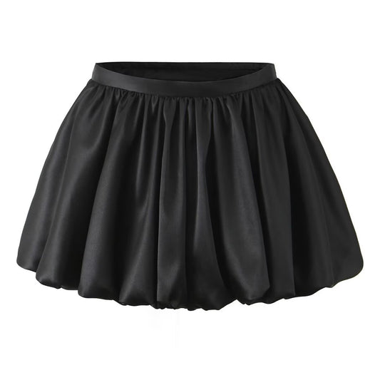 Romy | Satin Mini Skirt Black Balloon Hem Pleated