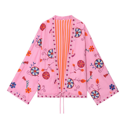 Xena | Pink Embroidered Kimono Jacket Satin Long Sleeve Printed Oversized