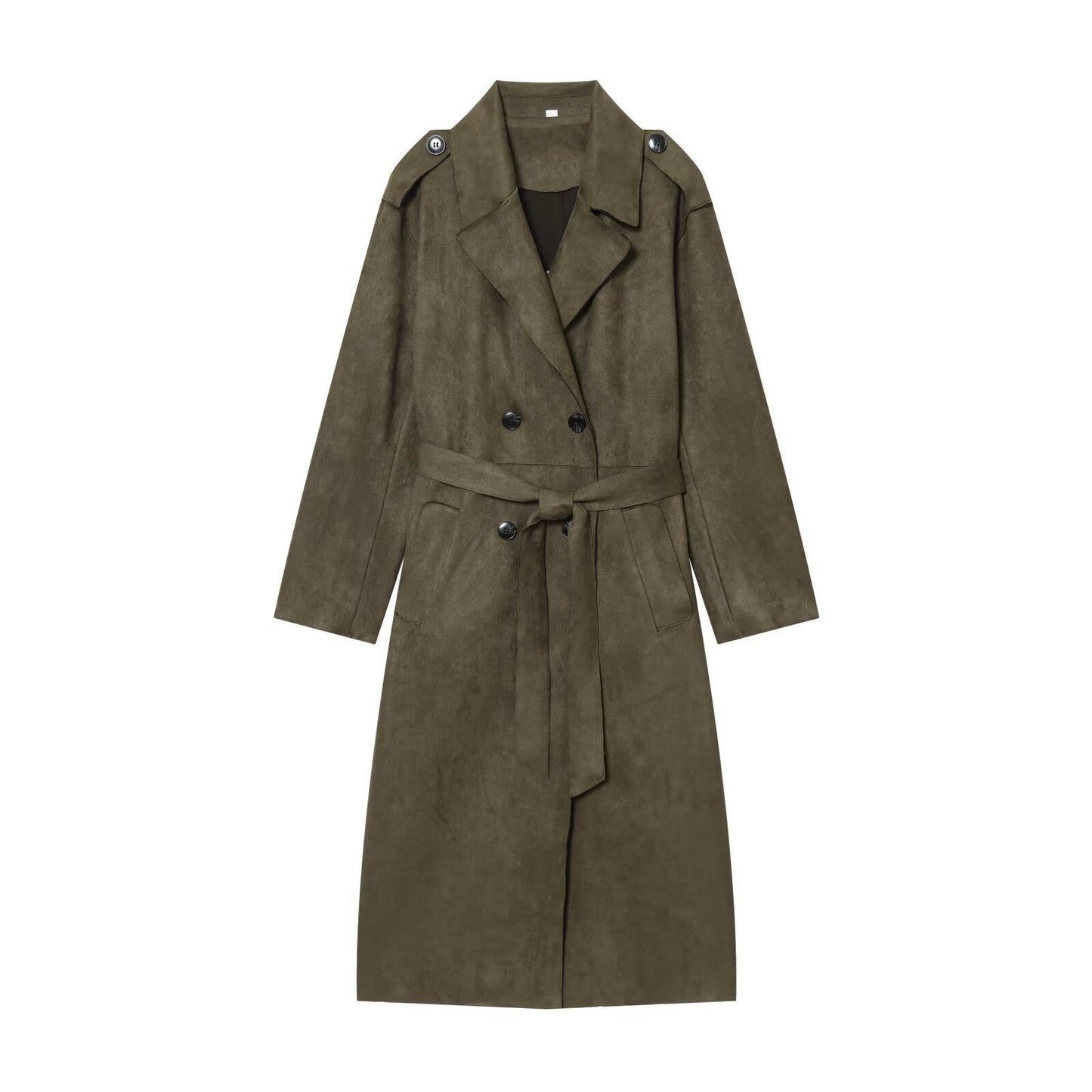 Margot | Suede Longline Trench Coat Olive Double Breasted
