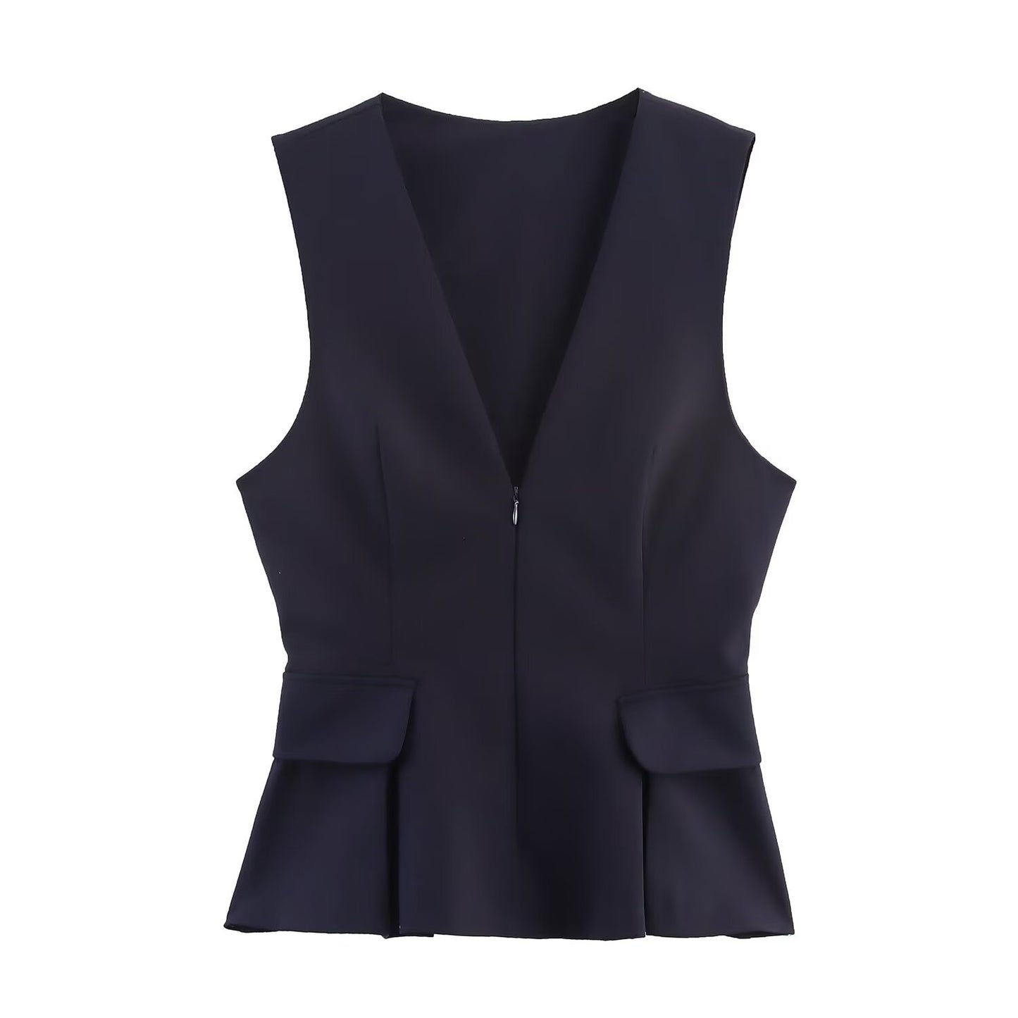 Zara | Smart Casual Peplum Top Navy Sleeveless V Neck Fitted