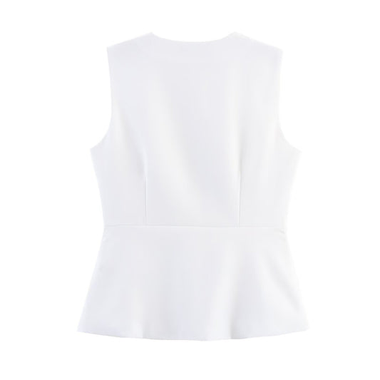 Vera | Sleeveless Vest White Button Front Tailored V Neck