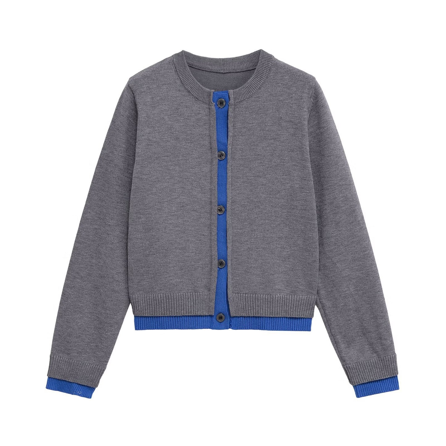 Margot | Fitted Cardigan Gray Long Sleeve Blue Trim Button Front