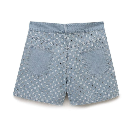 Maren | High Waisted Denim Shorts Light Blue Printed