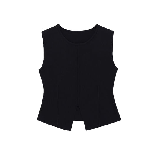 Thea | Sleeveless Fitted Cardigan Black Crew Neck