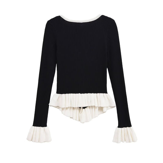 Hazel | Elegant Peplum Top Black Knitted Long Sleeve V Neck Fitted