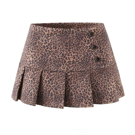 Rhea | Leopard Print Mini Skirt Brown Pleated Flared
