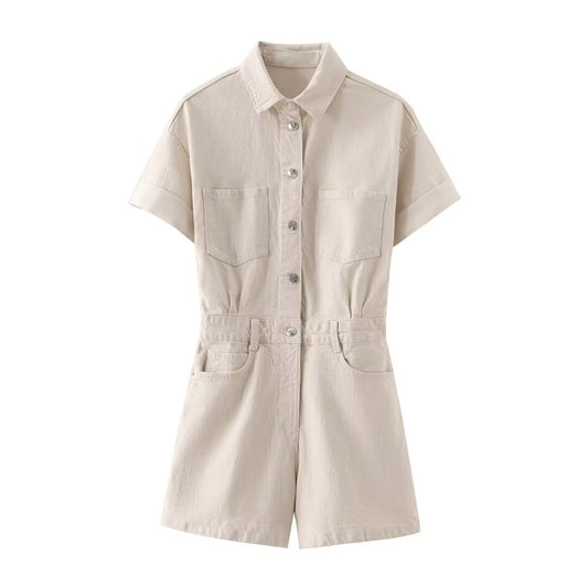 Ember | Summer Casual Denim Jumpsuit Cream Short Sleeve