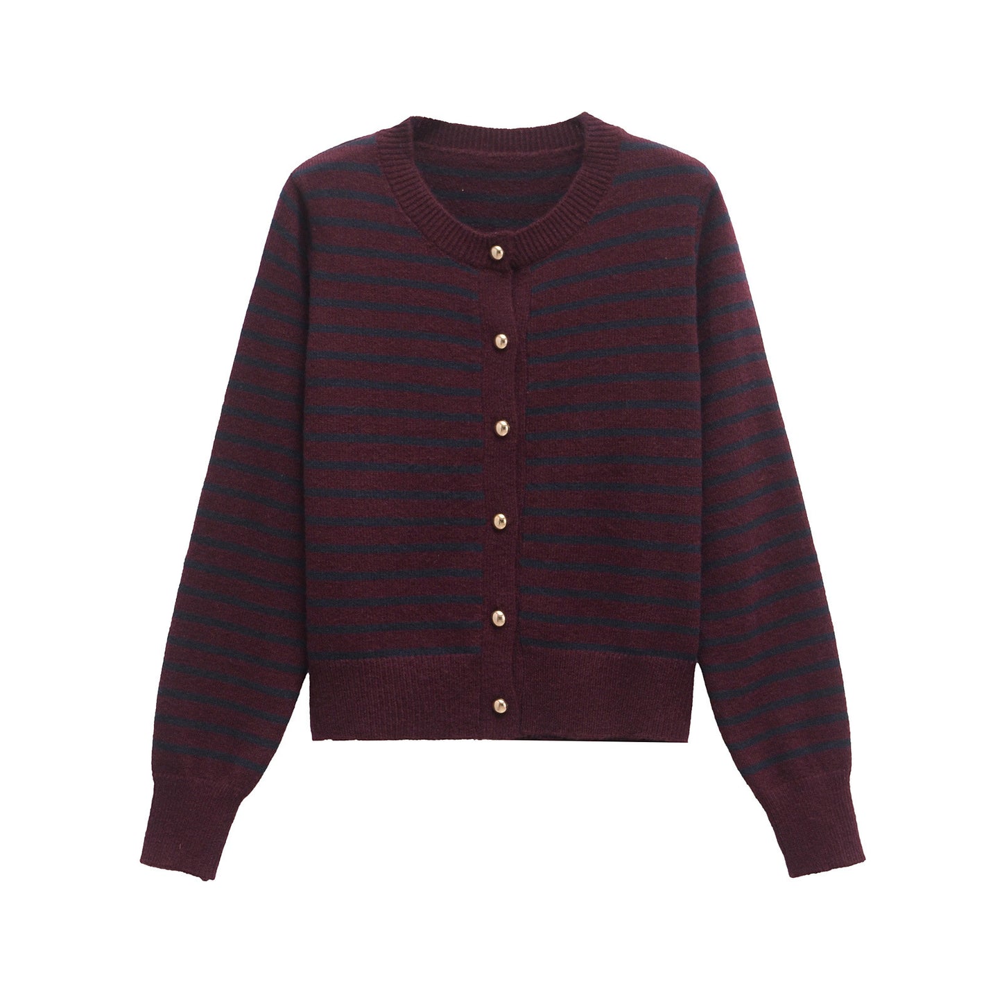 Vera | Striped Crew Neck Cardigan Burgundy Long Sleeve Fitted