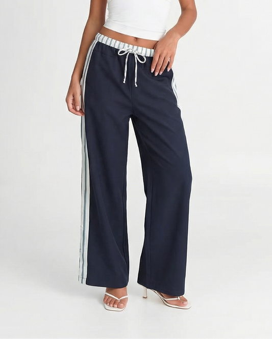 Kira | Casual Wide Leg Joggers Navy White Stripe