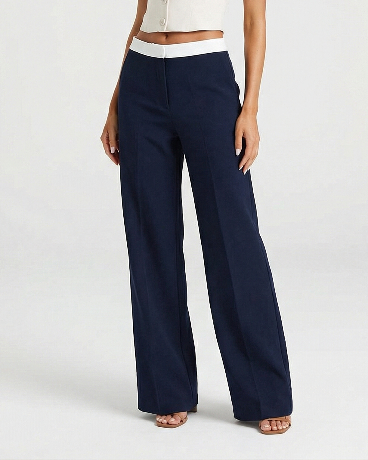 Vera | Wide Leg Tailored Pants Navy High Waisted White Waist