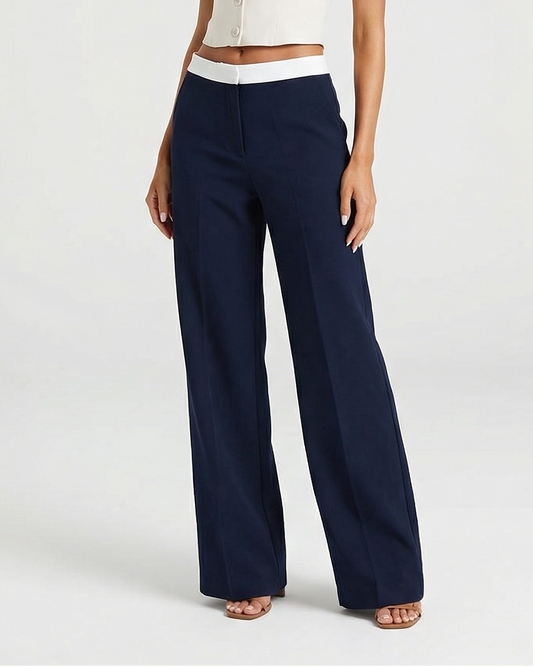 Vera | Wide Leg Tailored Pants Navy High Waisted White Waist