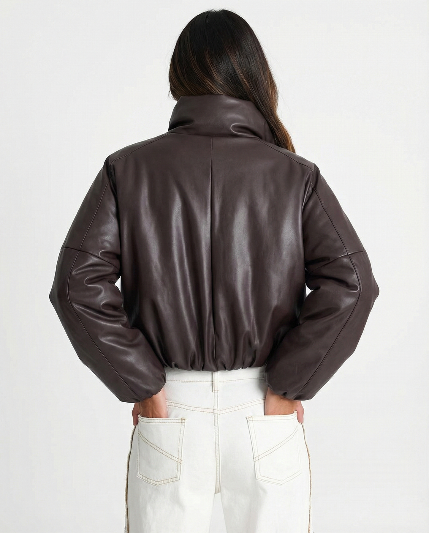 Vera | Cropped Faux Leather Puffer Jacket Brown Oversized