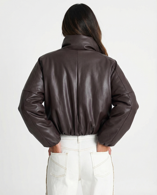 Mia | Winter Faux Leather Puffer Jacket Brown Oversized Cropped