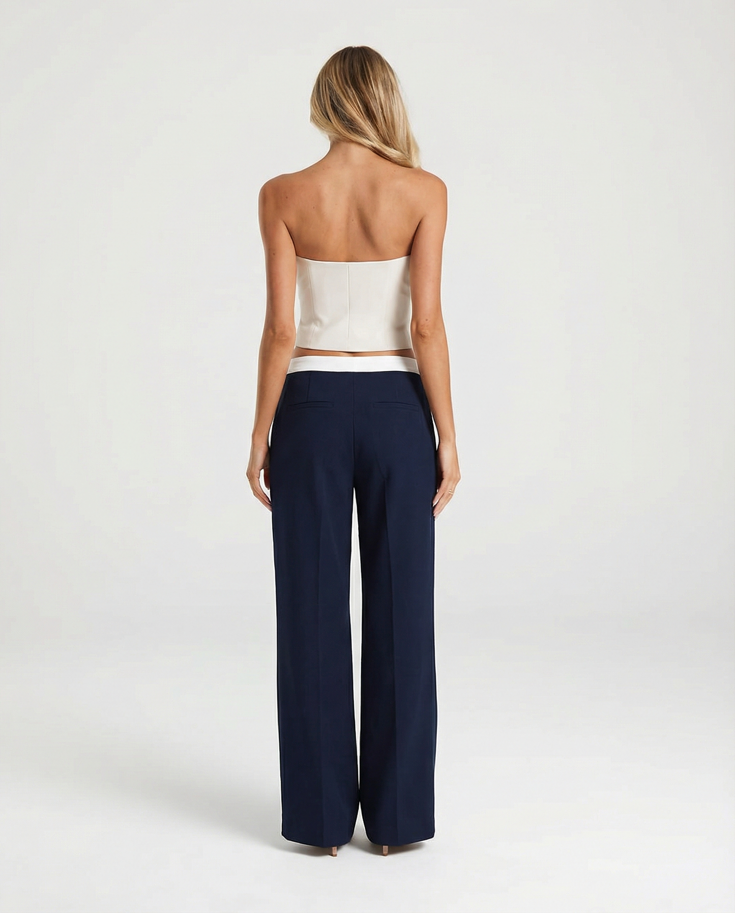 Vera | Wide Leg Tailored Pants Navy High Waisted White Waist