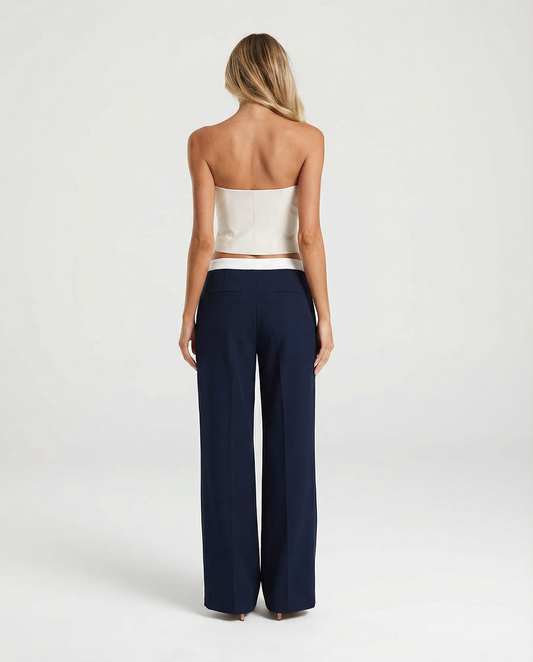 Vera | Wide Leg Tailored Pants Navy High Waisted White Waist