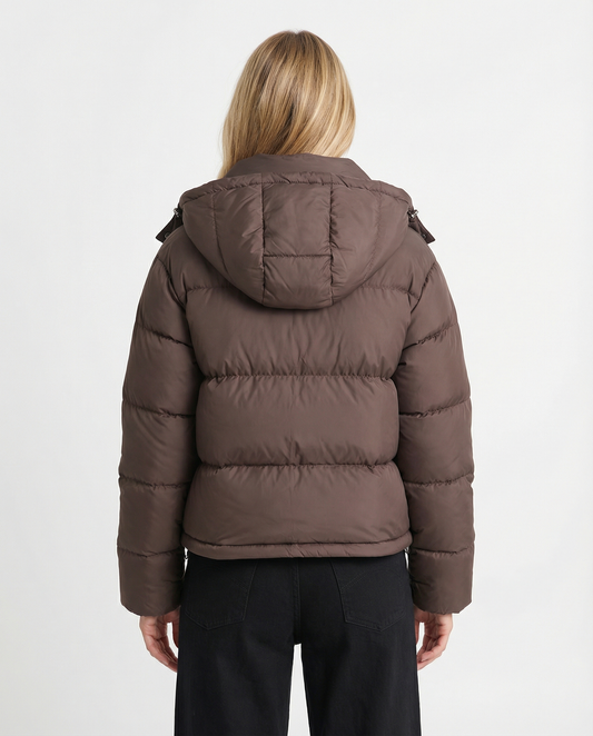 Uma | Winter Cropped Puffer Jacket Brown Hooded Quilted Padded