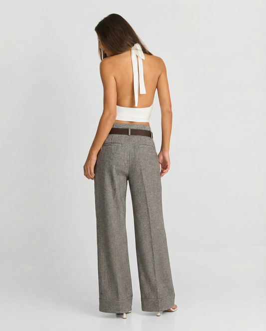 Margot | Wide Leg Wool Pants Gray Belted