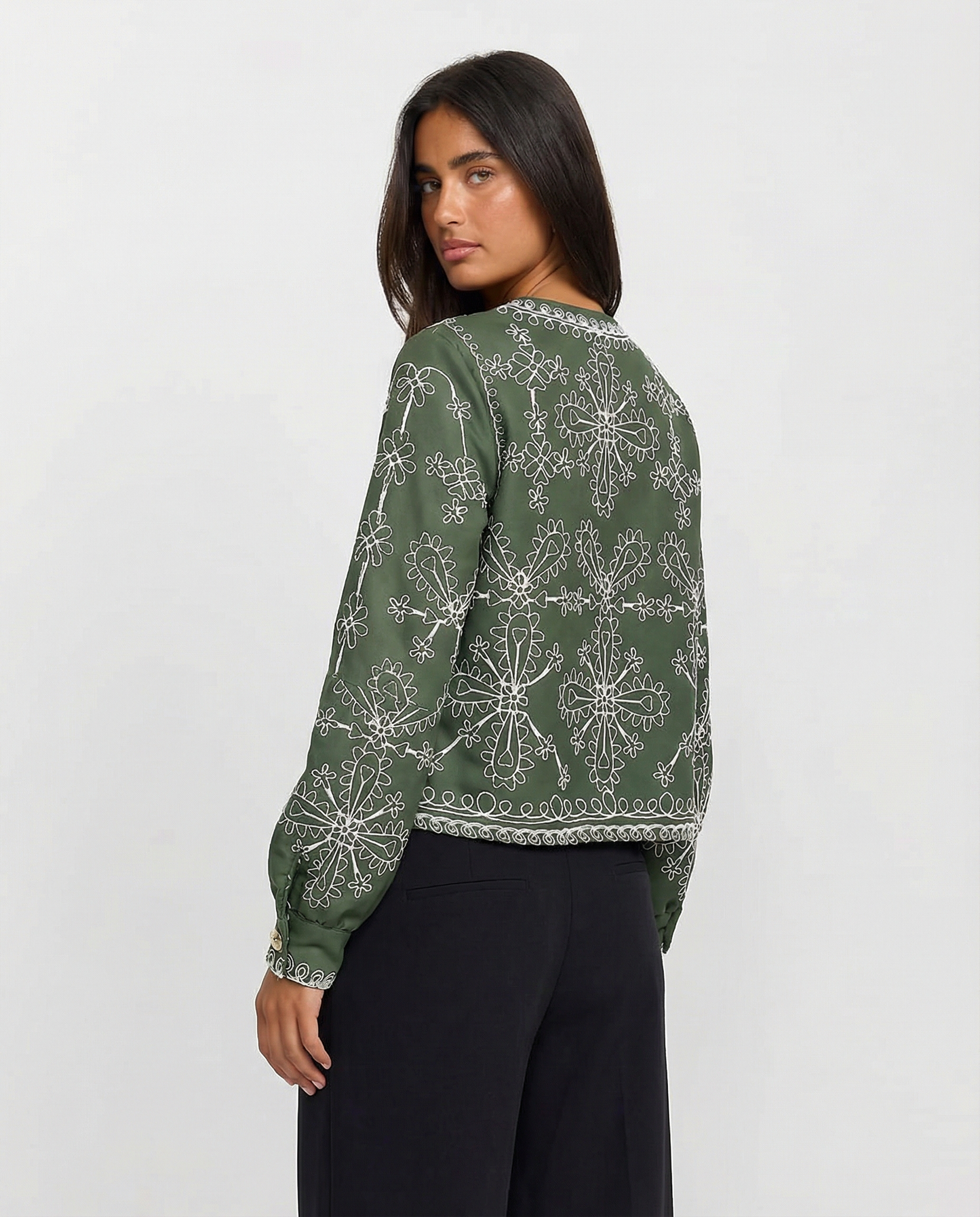 Sia | Bomber Jacket Green Embroidered Short Zip Up Cropped