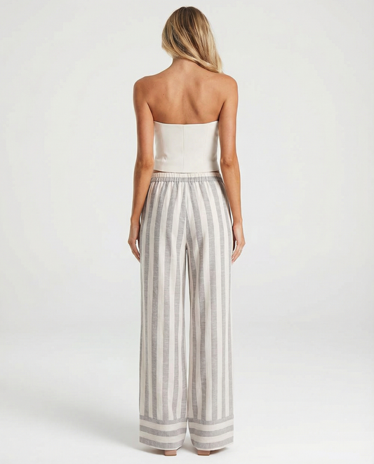 Asana | Wide Leg Striped Linen Trousers Cream