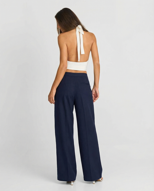 Cora | Wide Leg Pleated Pants Navy High Waisted