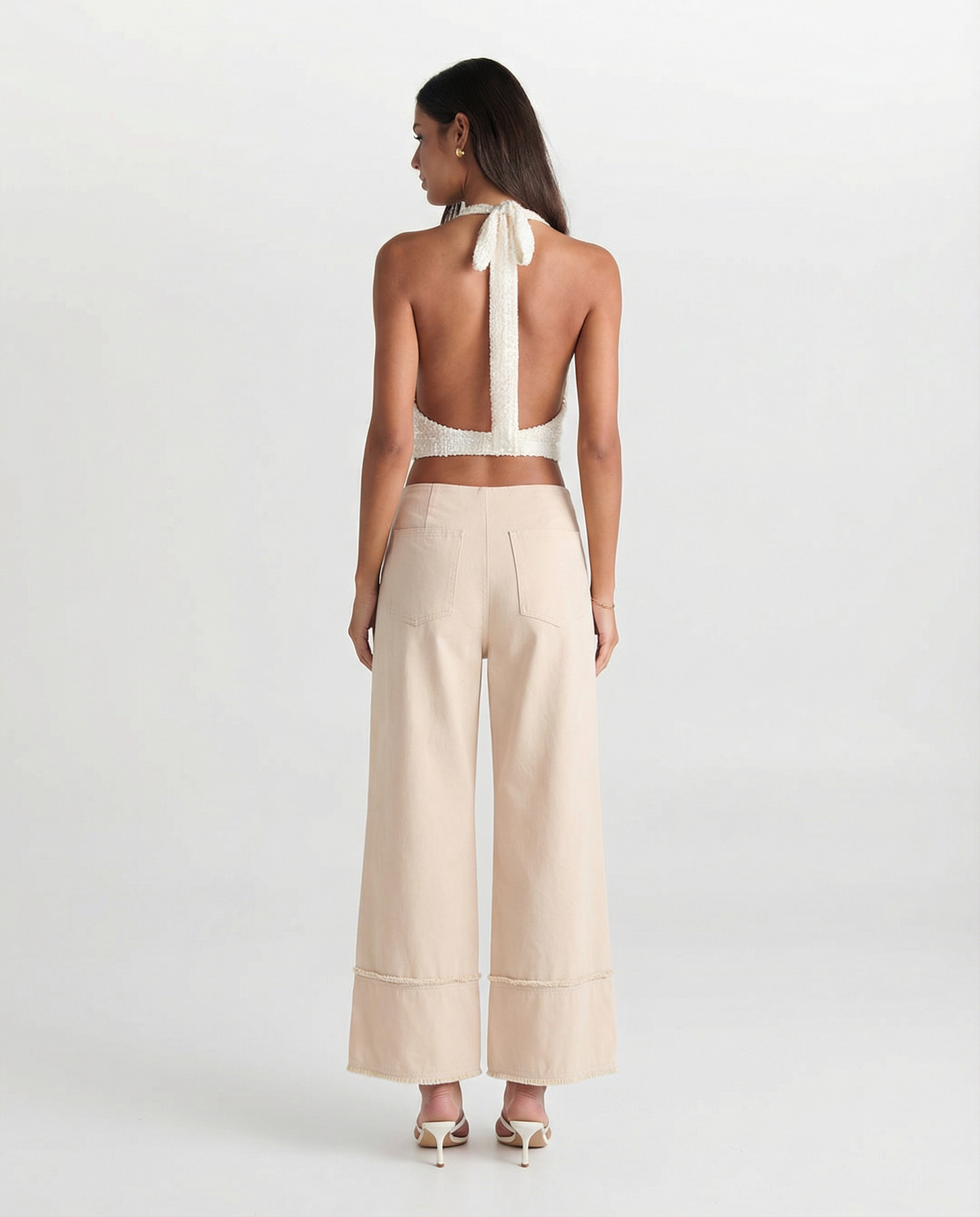 Vera | Wide Leg Cropped Pants Cream High Waisted Raw Hem