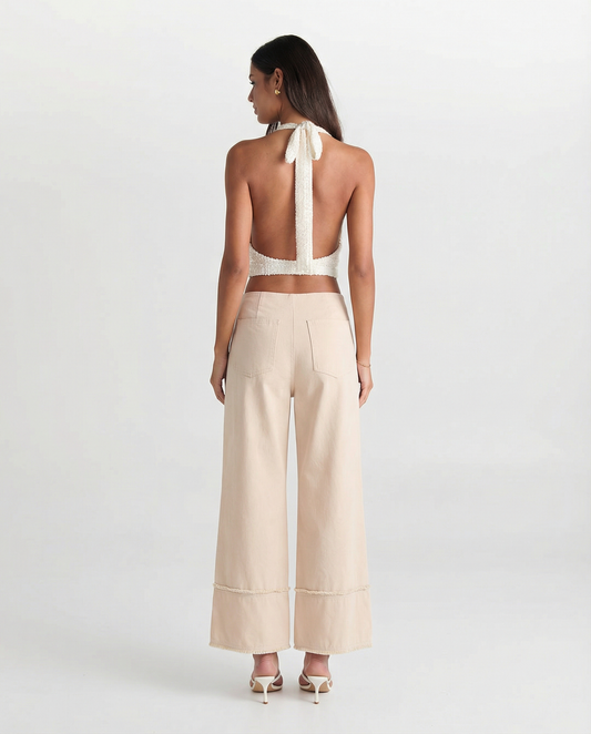 Vera | Wide Leg Cropped Pants Cream High Waisted Raw Hem