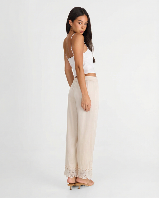 Margot | Casual Lace Hem Wide Leg Pants Cream High Waisted