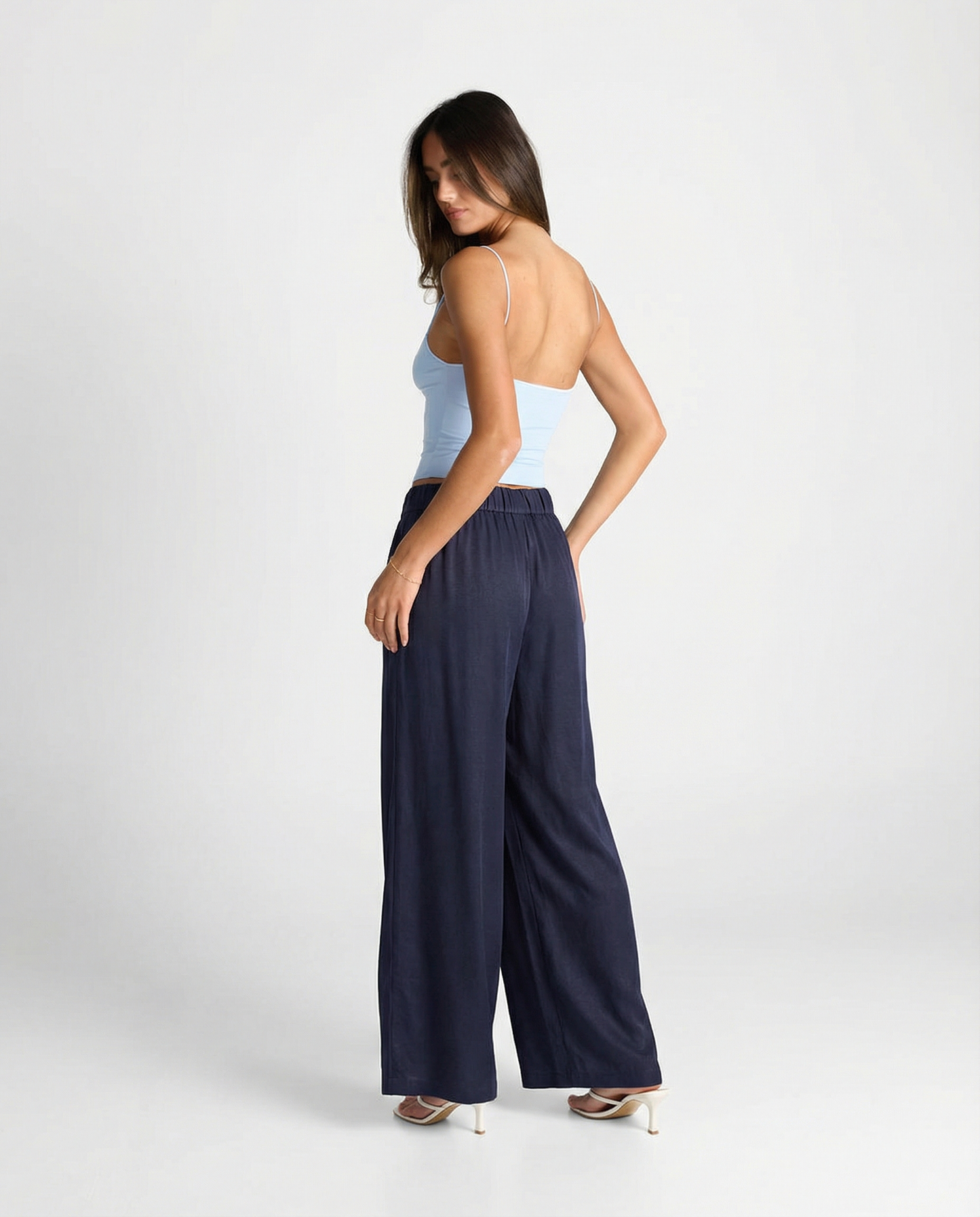 Camille | Casual Wide Leg Trousers Navy Linen High Waisted