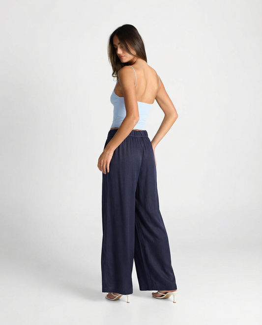 Camille | Casual Wide Leg Trousers Navy Linen High Waisted