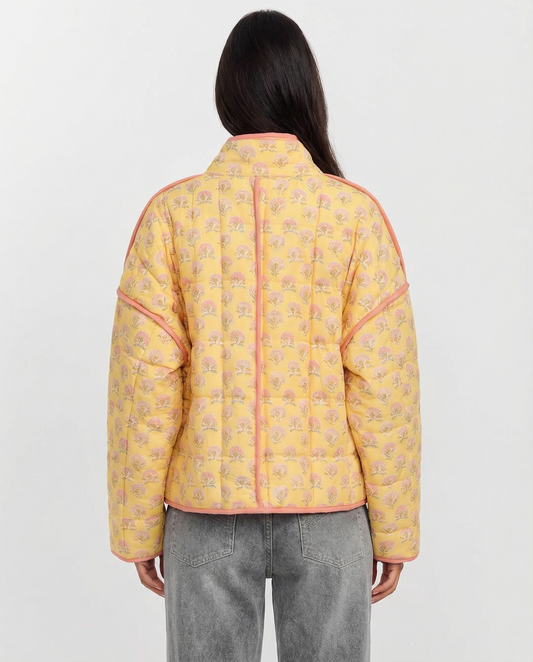 Greta | Quilted Jacket Yellow Floral Print Zip Up Lightweight