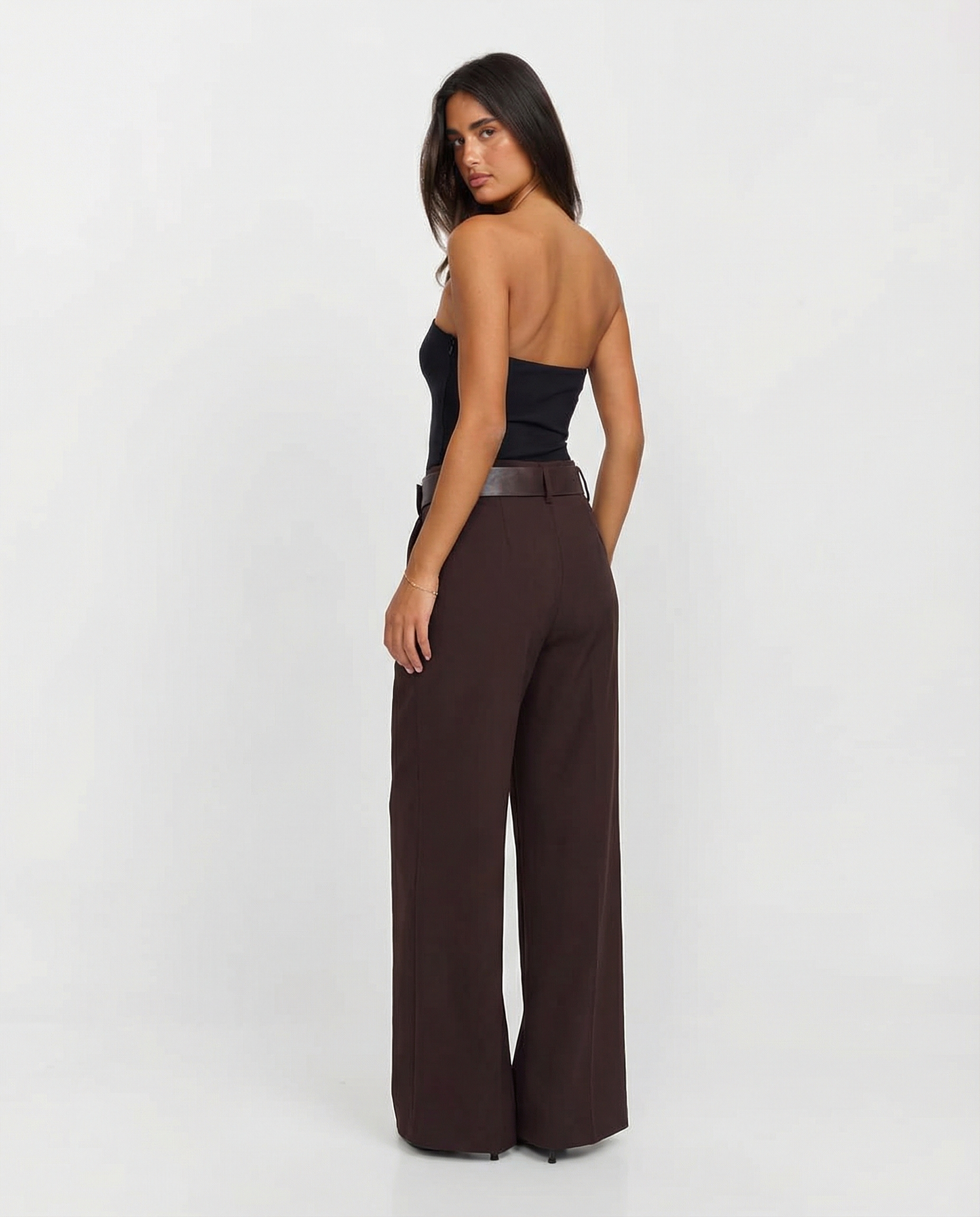 Quinn | Elegant Wide Leg Trousers Brown Belted