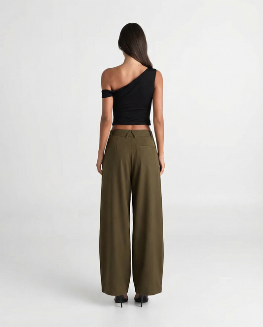 Romy | Casual Wide Leg Trousers Khaki Pleated