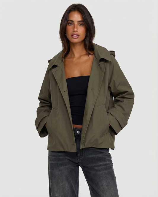 Bea | Casual Cropped Hooded Button Up Jacket Khaki Oversized