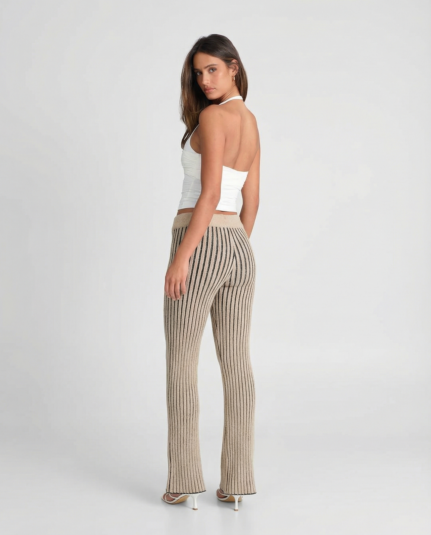 Vera | Ribbed Flared Pants Cream Striped Wide Leg
