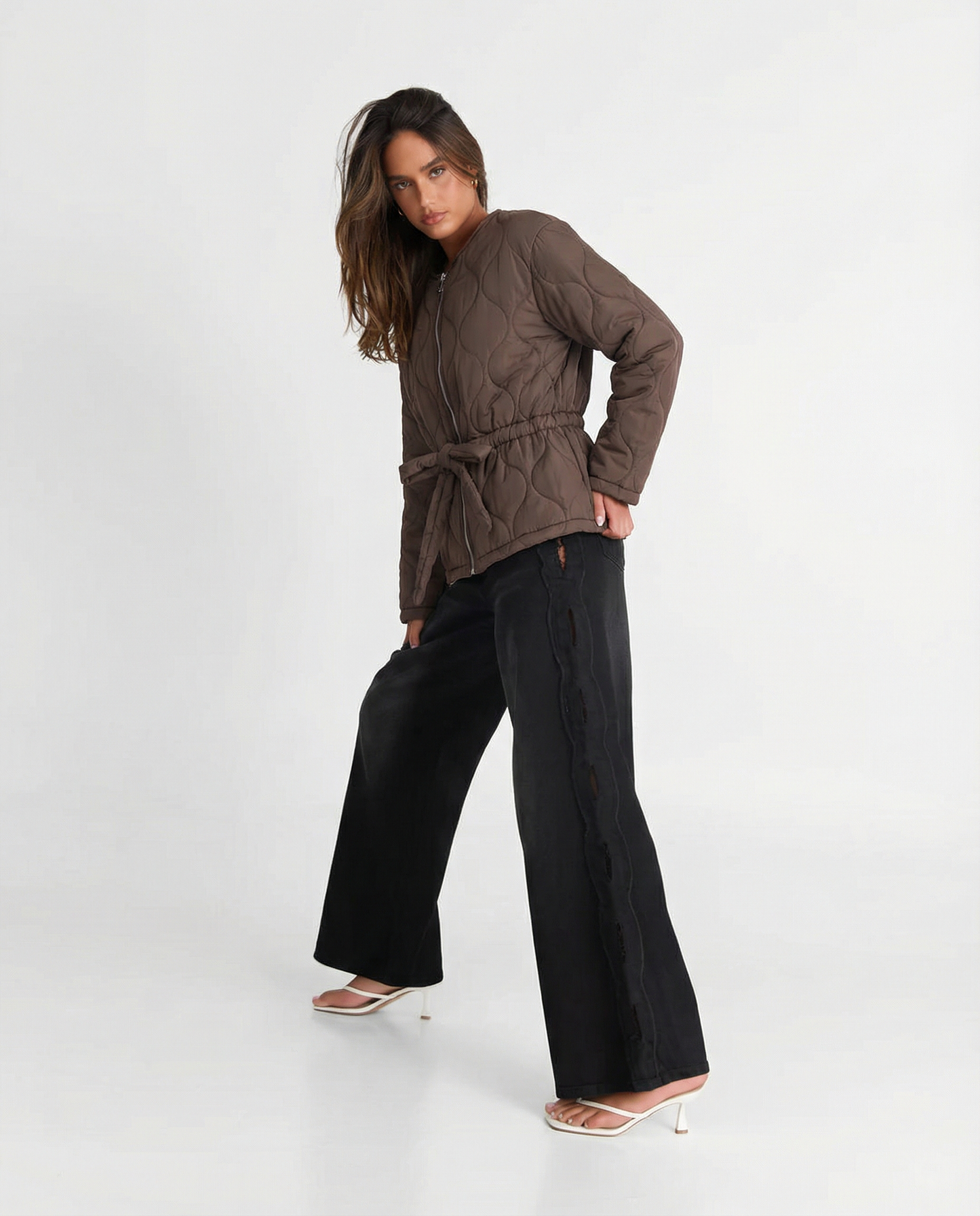 Thea | Autumn Quilted Jacket Brown Belted Zip Up Padded