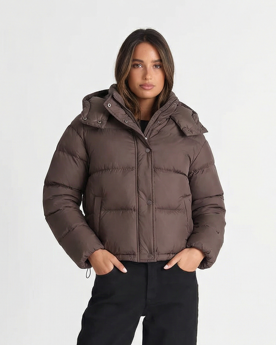 Uma | Winter Cropped Puffer Jacket Brown Hooded Quilted Padded