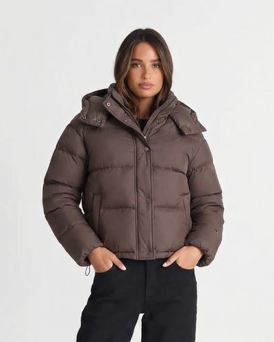 Uma | Winter Cropped Puffer Jacket Brown Hooded Quilted Padded