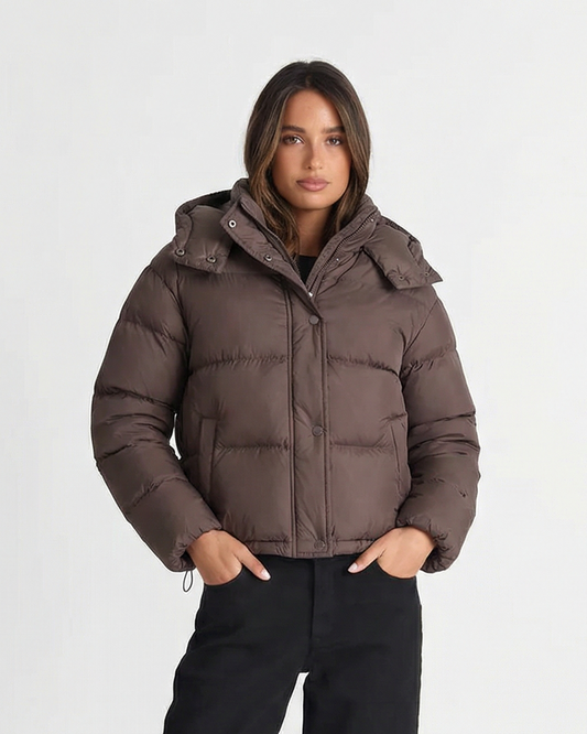 Uma | Winter Cropped Puffer Jacket Brown Hooded Quilted Padded