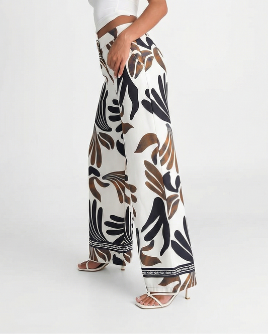 Sienna | Casual Wide Leg Trousers White Abstract Print