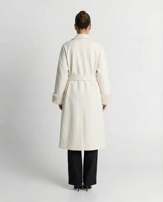 Cora | Elegant Long Faux Fur Coat Cream Belted Cuff Detail