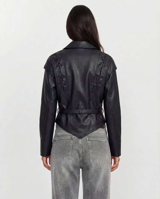 Nola | Faux Leather Jacket Black Belted Lace Up Long Sleeve