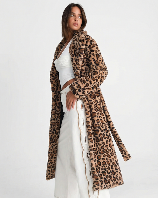 Alma | Winter Long Faux Fur Leopard Print Coat Brown Fluffy
