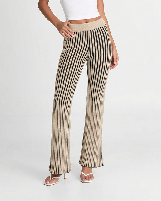 Vera | Ribbed Flared Pants Cream Striped Wide Leg