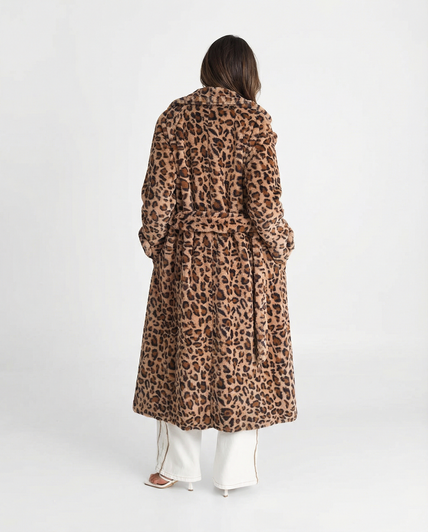 Alma | Winter Long Faux Fur Leopard Print Coat Brown Fluffy