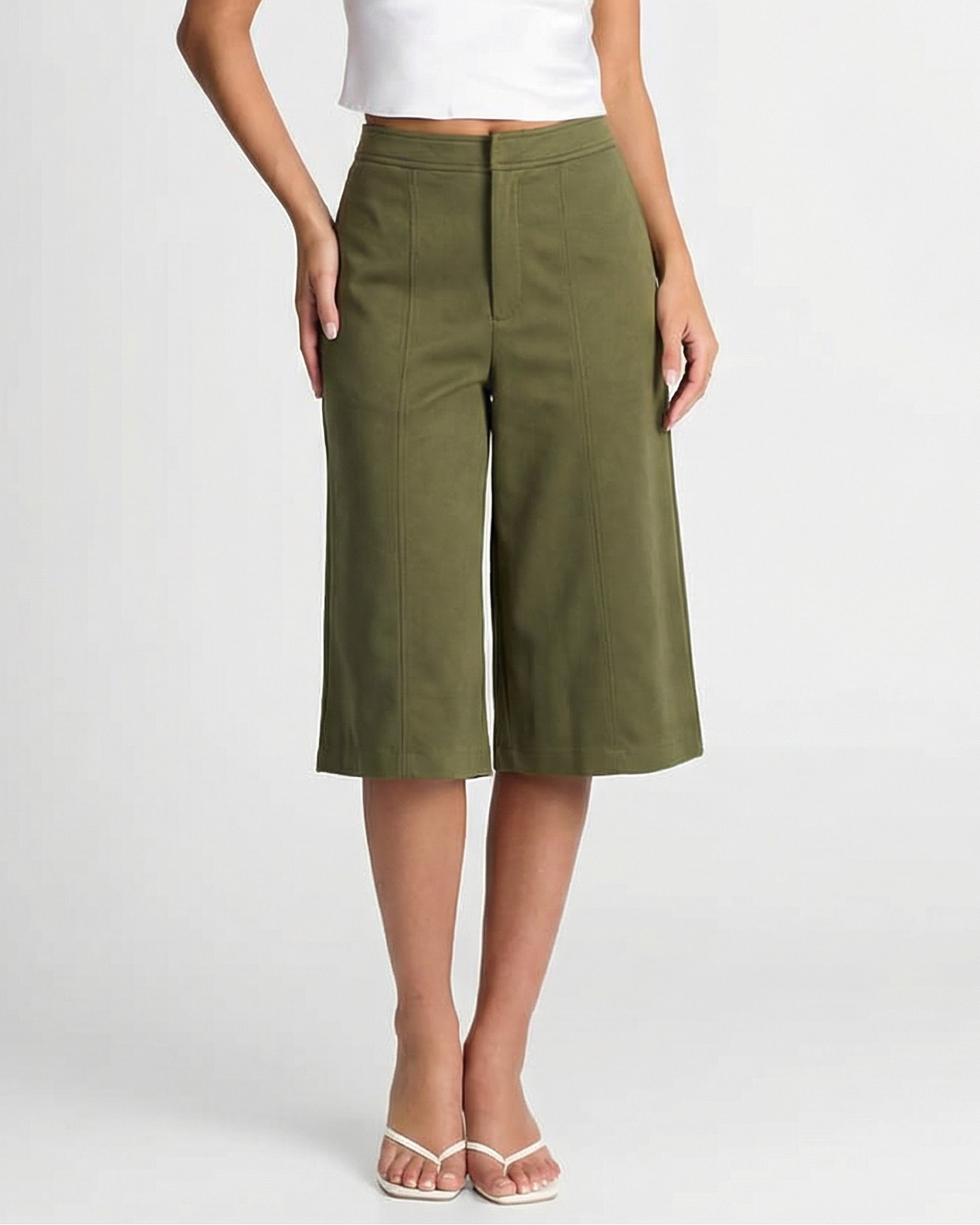 Thea | Wide Leg Culottes Olive High Waisted Tailored