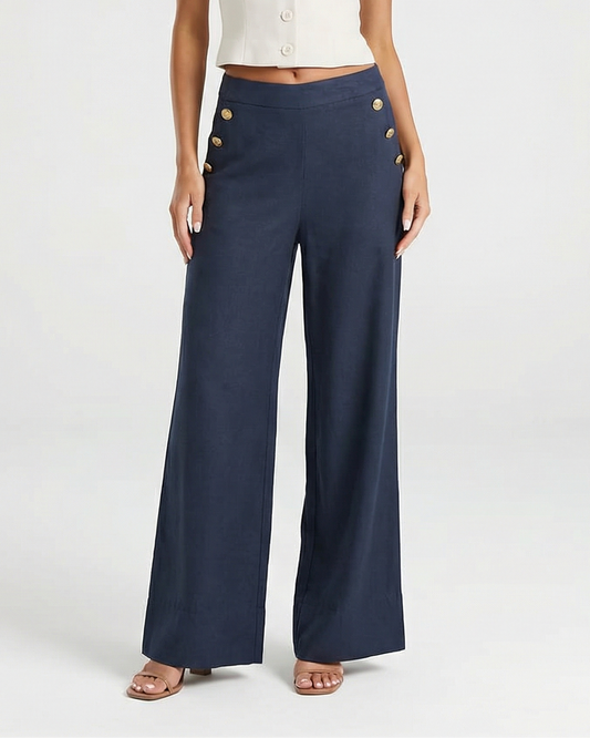 Margot | Wide Leg Linen Pants Navy High Waisted Button Detail