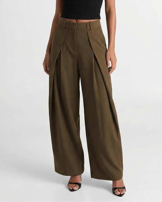 Romy | Casual Wide Leg Trousers Khaki Pleated