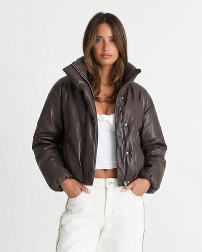 Mia | Winter Faux Leather Puffer Jacket Brown Oversized Cropped