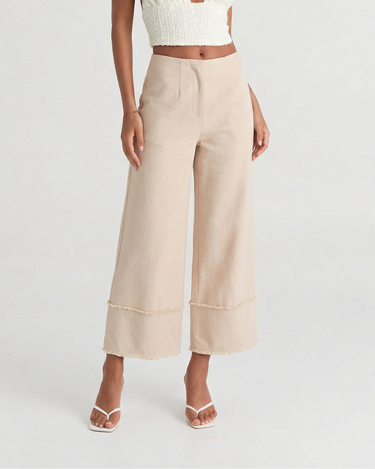Vera | Wide Leg Cropped Pants Cream High Waisted Raw Hem